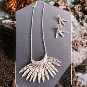 Lia Sophia Necklace Silver Tone Dangle Feather Pendant and Matching Earrings